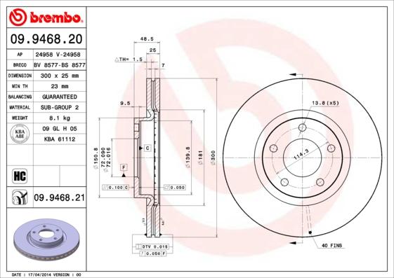 Brembo 09.9468.21 - Bremžu diski autospares.lv