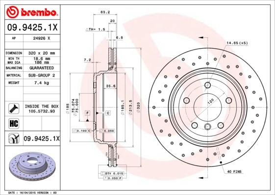 Brembo 09.9425.1X - Bremžu diski www.autospares.lv