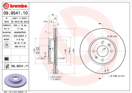 Brembo 09.9541.11 - Bremžu diski www.autospares.lv