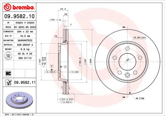 Brembo 09.9582.11 - Bremžu diski www.autospares.lv