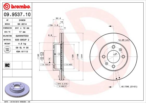 Brembo 09.9537.10 - Bremžu diski autospares.lv