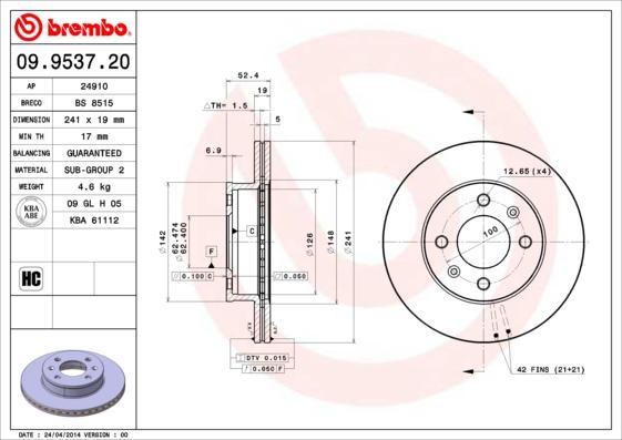 Brembo 09.9537.20 - Bremžu diski autospares.lv