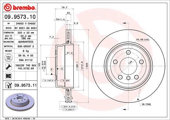 Brembo 09.9573.11 - Bremžu diski www.autospares.lv