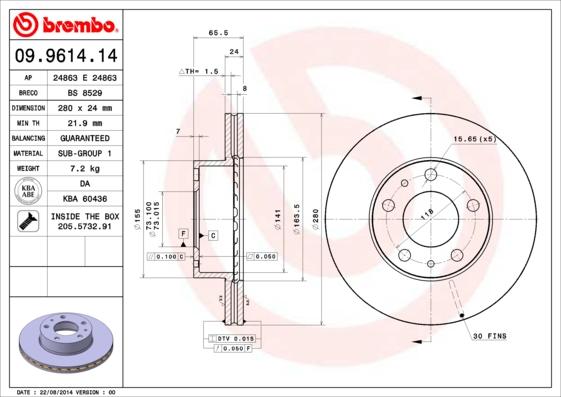 Brembo 09.9614.14 - Brake Disc www.autospares.lv