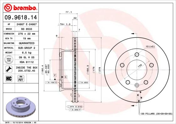 Brembo 09.9618.14 - Bremžu diski www.autospares.lv