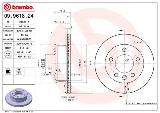 Brembo 09.9618.24 - Bremžu diski www.autospares.lv