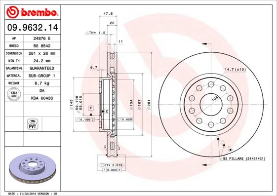 Brembo 09.9632.14 - Bremžu diski www.autospares.lv