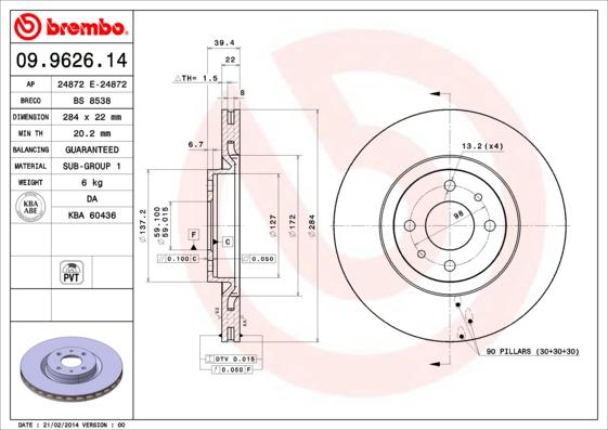 Brembo 09.9626.14 - Bremžu diski autospares.lv