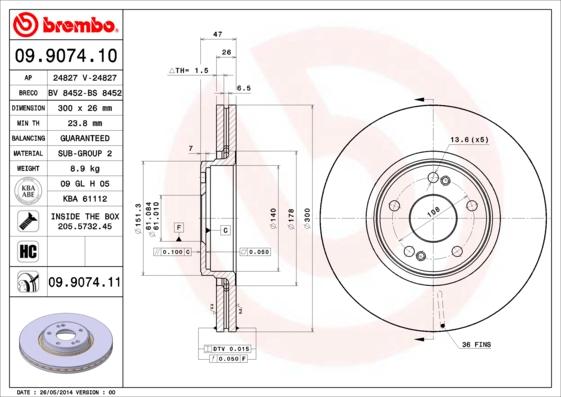 Brembo 09.9074.10 - Bremžu diski www.autospares.lv