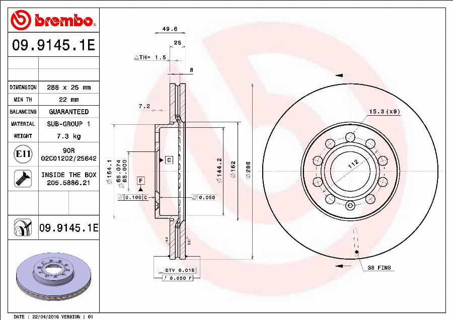 Brembo 09.9145.1E - Bremžu diski www.autospares.lv