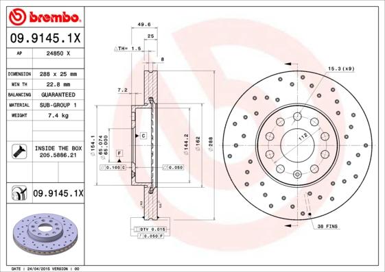 Brembo 09.9145.1X - Bremžu diski autospares.lv