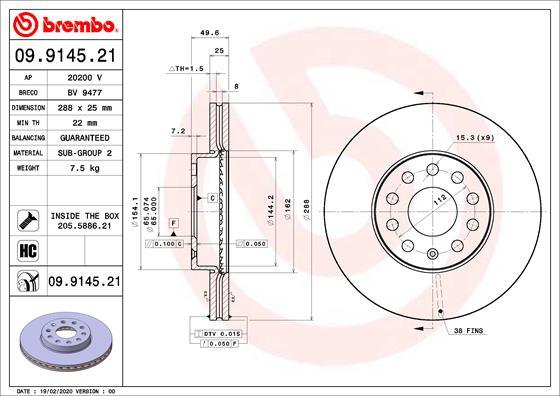 Brembo 09.9145.21 - Bremžu diski www.autospares.lv