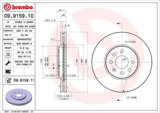 Brembo 09.9159.11 - Bremžu diski autospares.lv