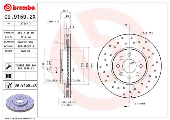 Brembo 09.9159.2X - Bremžu diski autospares.lv