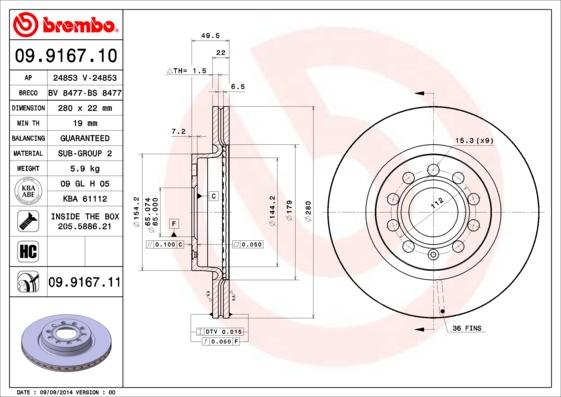 Brembo 09.9167.10 - Bremžu diski autospares.lv