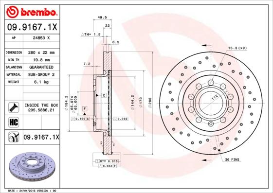 Brembo 09.9167.1X - Bremžu diski autospares.lv