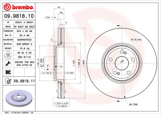 Brembo 09.9818.11 - Bremžu diski www.autospares.lv