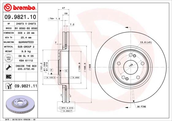 Brembo 09.9821.11 - Bremžu diski autospares.lv