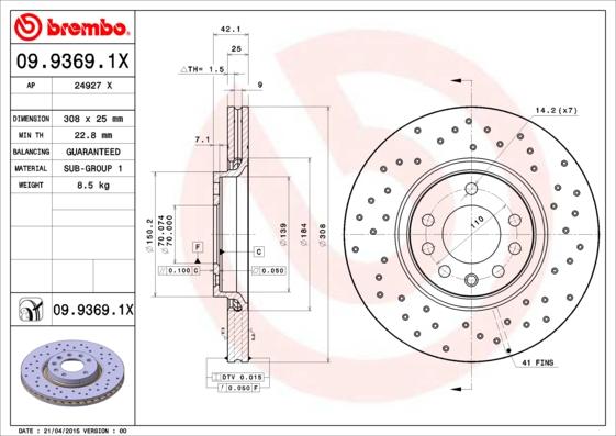 Brembo 09.9369.1X - Тормозной диск www.autospares.lv