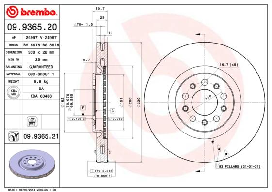 Brembo 09.9365.20 - Bremžu diski www.autospares.lv