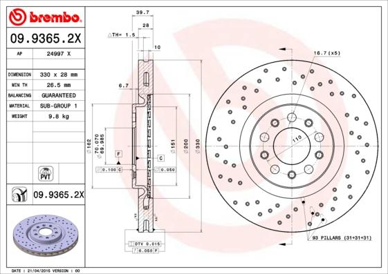 Brembo 09.9365.2X - Bremžu diski www.autospares.lv