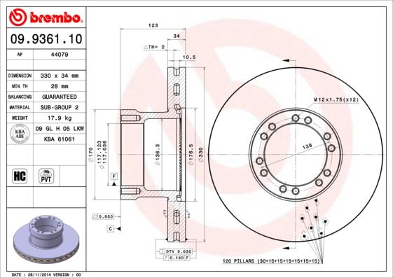 Brembo 09.9361.10 - Bremžu diski www.autospares.lv