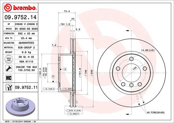 Brembo 09.9752.14 - Bremžu diski www.autospares.lv