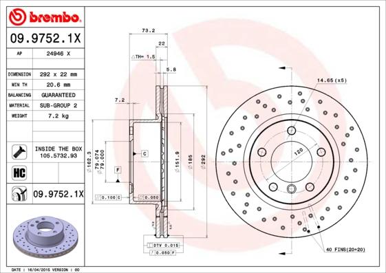 Brembo 09.9752.1X - Bremžu diski www.autospares.lv