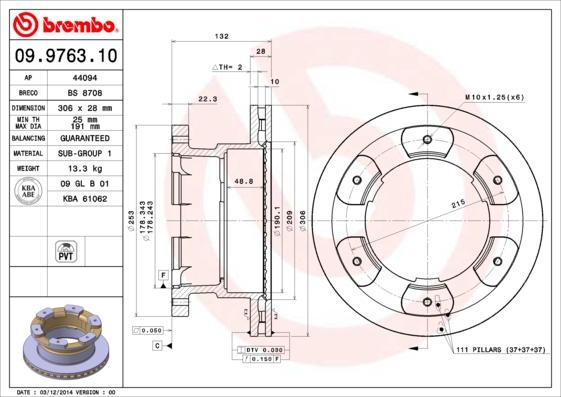 Brembo 09.9763.10 - Bremžu diski www.autospares.lv