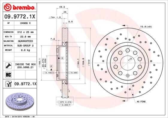 Brembo 09.9772.1X - Bremžu diski autospares.lv