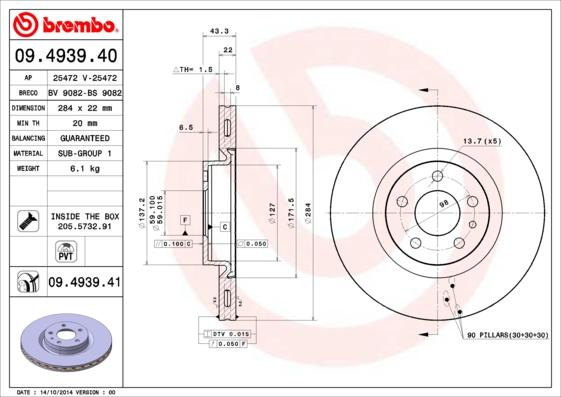 Brembo 09.4939.41 - Bremžu diski autospares.lv