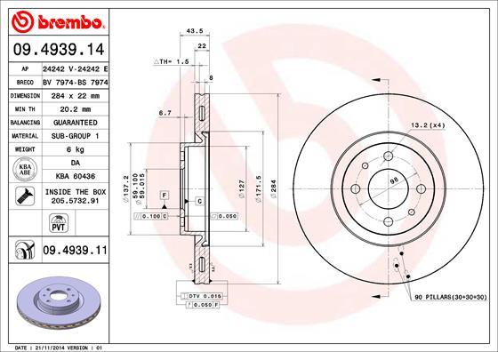 Brembo 09.4939.11 - Bremžu diski autospares.lv