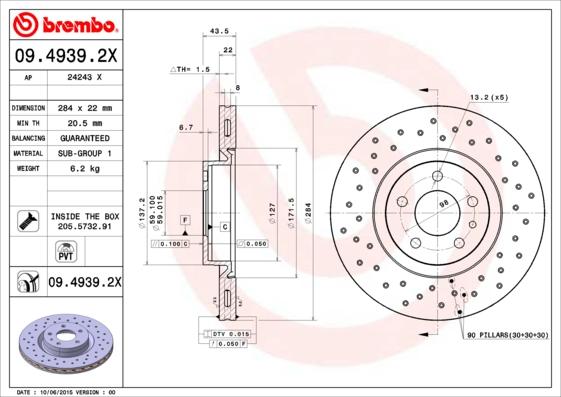 Brembo 09.4939.2X - Bremžu diski autospares.lv