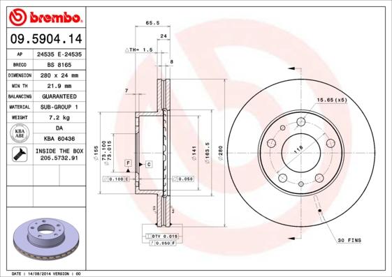 Brembo 09.5904.14 - Тормозной диск www.autospares.lv