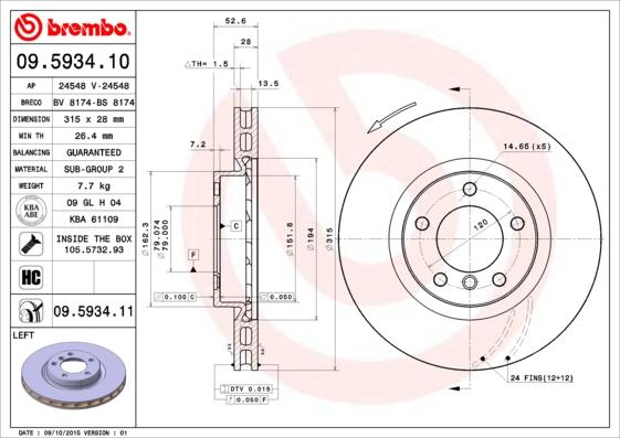 Brembo 09.5934.11 - Bremžu diski www.autospares.lv