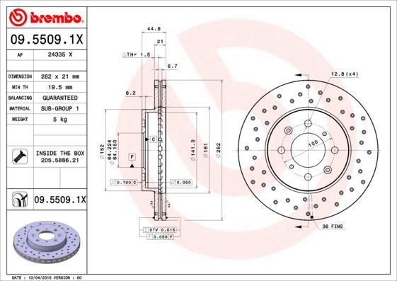 Brembo 09.5509.1X - Bremžu diski www.autospares.lv