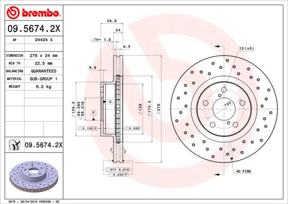 Brembo 09.5674.2X - Bremžu diski www.autospares.lv