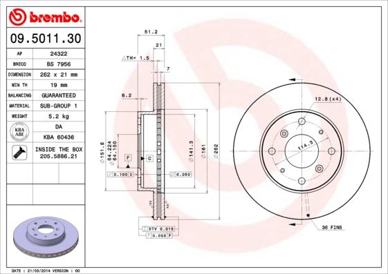 Brembo 09.5011.30 - Bremžu diski www.autospares.lv