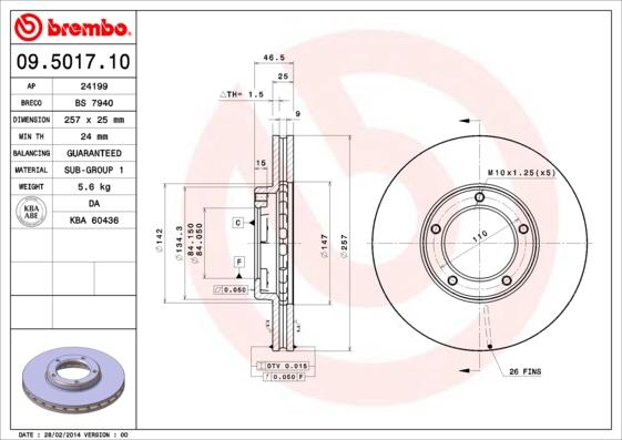 Brembo 09.5017.10 - Bremžu diski www.autospares.lv