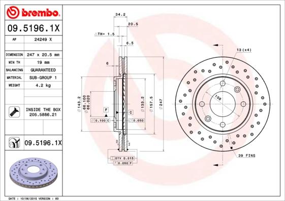 Brembo 09.5196.1X - Brake Disc www.autospares.lv