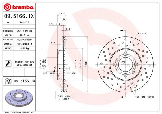 Brembo 09.5166.1X - Bremžu diski www.autospares.lv