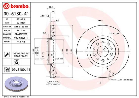 Brembo 09.5180.41 - Bremžu diski www.autospares.lv