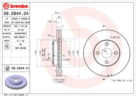 Brembo 09.5844.21 - Bremžu diski autospares.lv