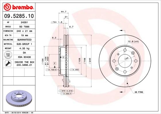 Brembo 09.5285.10 - Bremžu diski www.autospares.lv