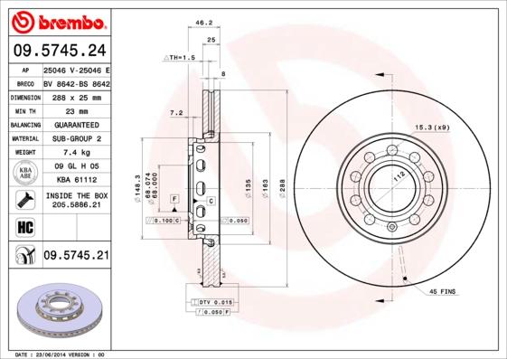 Brembo 09.5745.24 - Bremžu diski autospares.lv