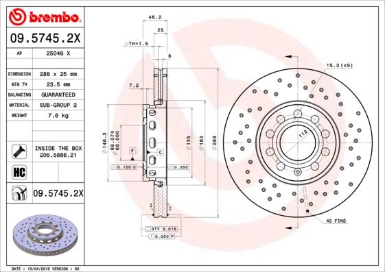 Brembo 09.5745.2X - Bremžu diski autospares.lv