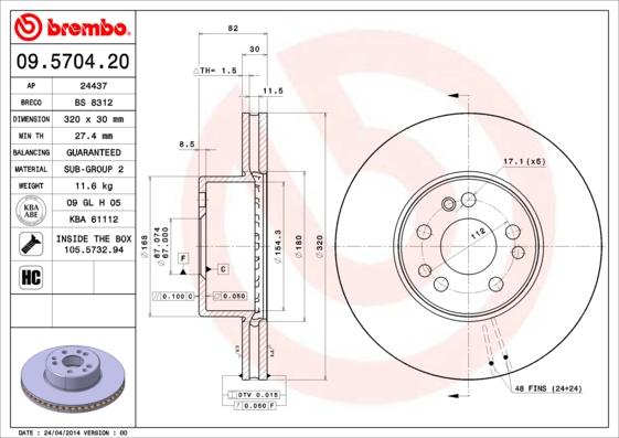 Brembo 09.5704.20 - Bremžu diski www.autospares.lv