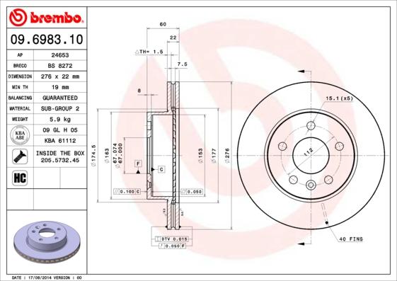 Brembo 09.6983.10 - Тормозной диск www.autospares.lv