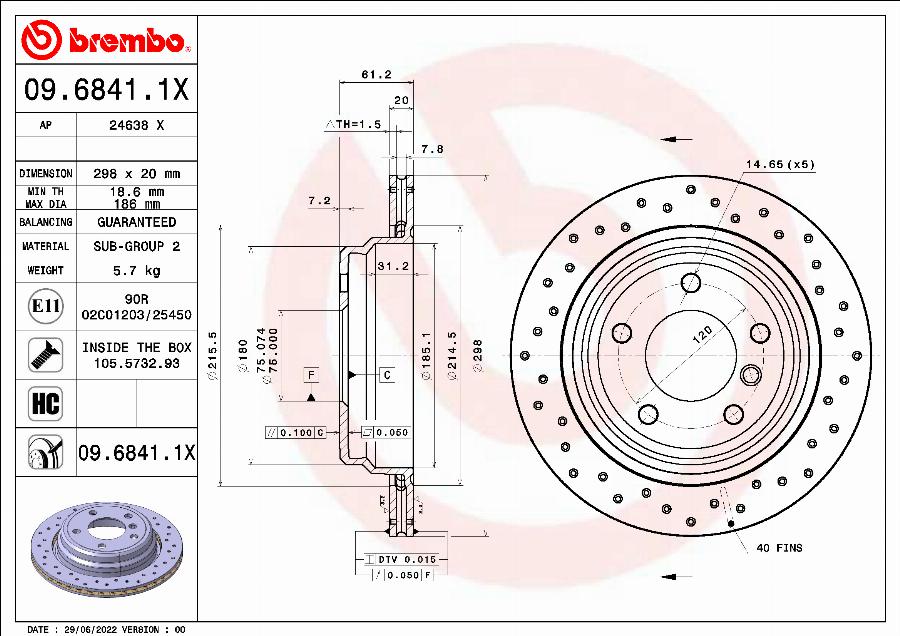 Brembo 09.6841.1X - Bremžu diski autospares.lv