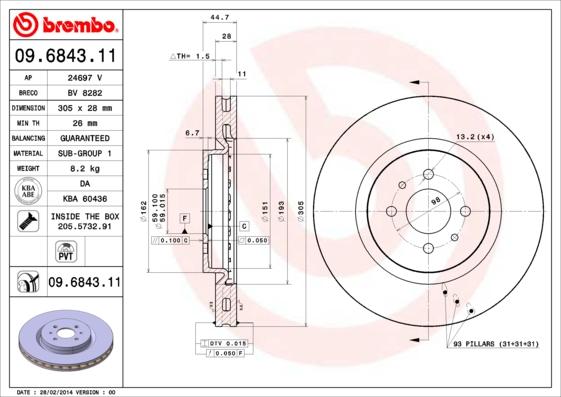 Brembo 09.6843.11 - Bremžu diski www.autospares.lv